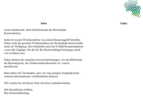 Die Hochschule Kaiserslautern hat eine Not-Homepage aufgesetzt, um über die Auswirkungen des Hackerangriffs zu informieren. 