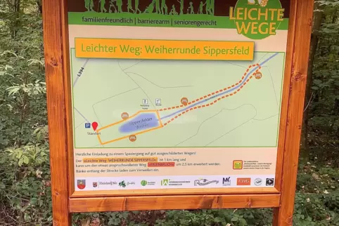 Das Hinweisschild zum sogenannten „Leichten Weg“, einem Rundweg um den Sippersfelder Retzbergweiher.
