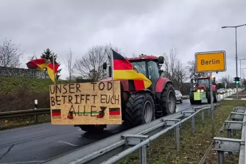 Weite Reise: Philipp Schmahl passiert mit dem Schlepper der Ilbesheimer Landwirtfamilie das Berliner Stadtschild. 
