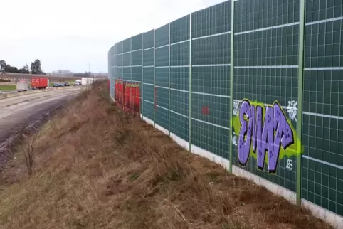 Graffitis wie diese finden sich entlang der B10-Lärmschutzwand bei Godramstein viele – sie wurden alle illegal angebracht . 