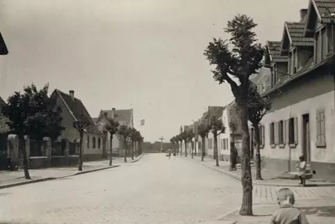 Die vermutlich um das Jahr 1930 entstandene Aufnahme zeigt die Weisenheimer Straße. Die Fahnen deuten darauf hin, dass sie für e