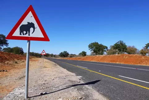 Elefanten kreuzen: Warnschild im Chobe-Nationalpark in Botswana. 