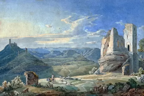 Eine typische Vorlage für die Erstauflage: die Burgruine Trifels samt Schäfer-Idyll um 1839, Aquarell von Leopold Rottmann, dem 