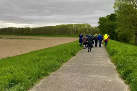 Unterwegs auf dem noch nicht ausgebauten Deichabschnitt bei Otterstadt: die Teilnehmer der Deichschau. Sie laufen auf einem asph