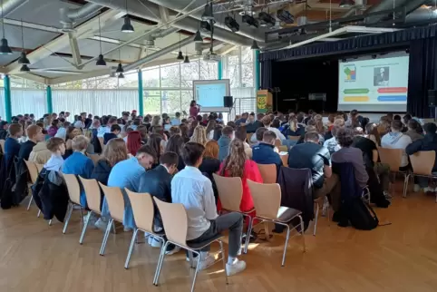 Rund 200 Schülerinnen und Schüler mit Lehrkräften in der Festhalle Winnweiler beim Lösen von Rechenaufgaben (Quizeinlage innerha