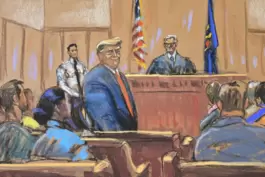 In dieser Gerichtszeichnung grinst der ehemalige Präsident Donald Trump die Geschworenen an, als er ihnen zu Beginn seines Proze