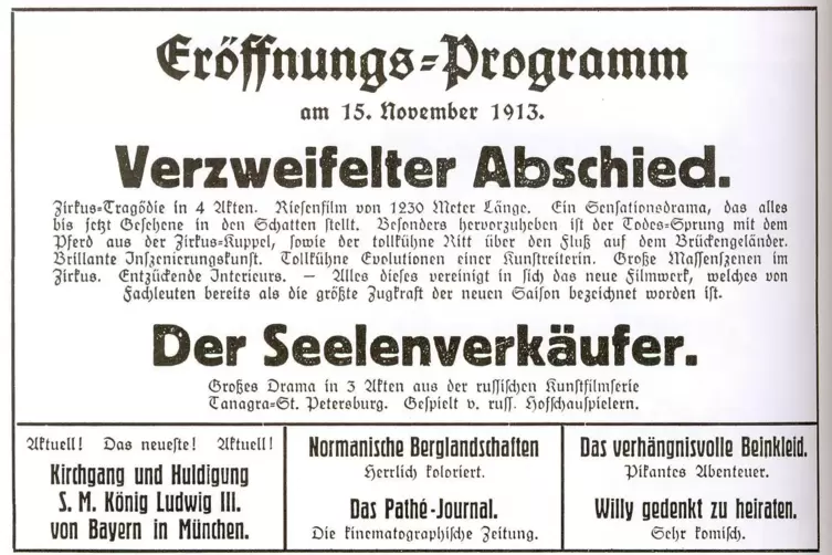 Eine Zeitungsanzeige vom Eröffnungsprogramms des Walhalla-Kinos am 15. November 1913.