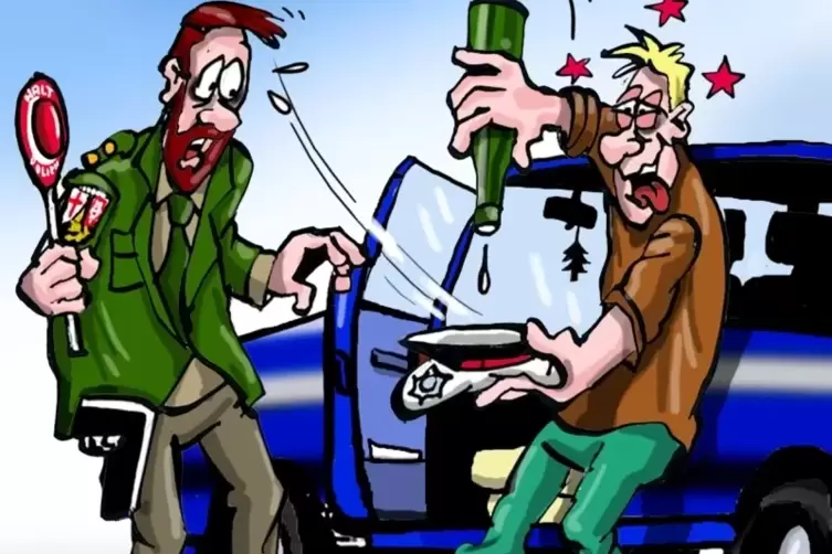 Karikatur eines Betrunkenen, der Wein in die Mütze eines entsetzten Polizisten kippt