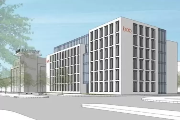 Fünf Etagen, 59 Autostellplätze: So soll der Bürokomplex der Aachener Bob AG direkt am Lusanum aussehen. Illustration: Stadt