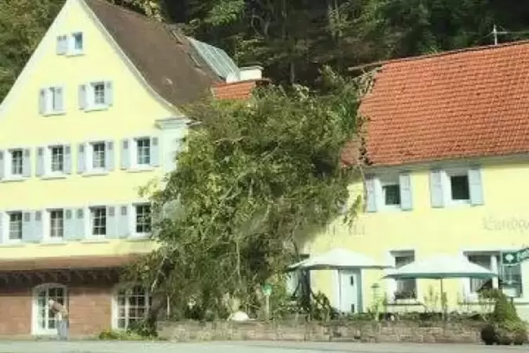 Das Dach und der erste Stock des Landgasthofs Schlossberg wurden durch umgestüzte Bäume arg in Mitleidenschaft gezogen. Foto: Wi