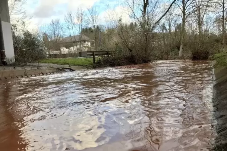 Bedrohlich hoch stand das Wasser am Montagvormittag wieder am Parkplatz N&auml;he des Bahnhofes in Winnweiler.