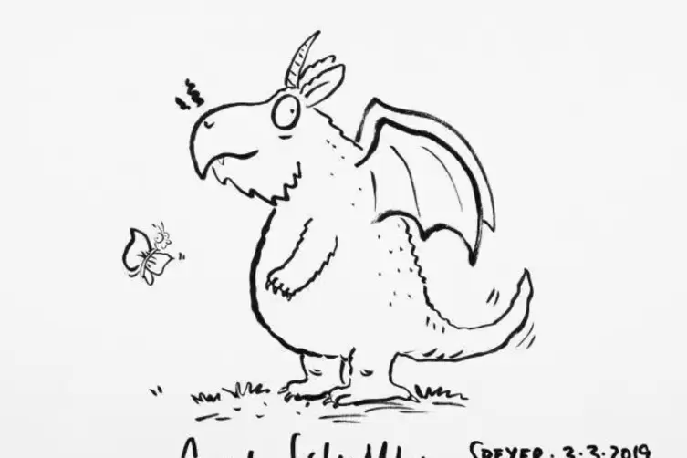 Die Zeichnung zeigt den Drachen Zogg aus dem gleichnamigen Kinderbuch, das von JuliaDonaldson verfasst und von Axel Scheffler il