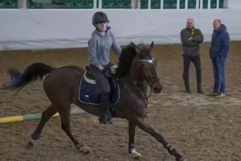 Aufmerksam beobachten Bundestrainer Eberhard Seemann (rechts) und Heimtrainer Andreas Rubly, wie Nachwuchsspringreiterin Charlot
