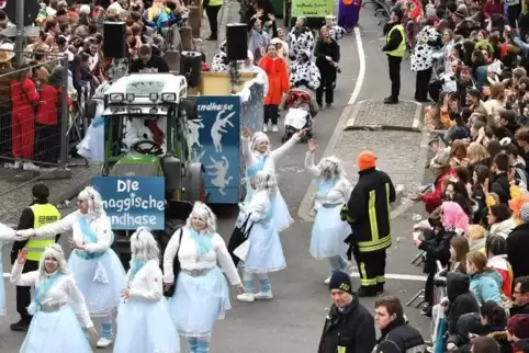 Rund 12.000 Besucher waren beim Umzug in Weisenheim am Sand. Die „Knaggische Sandhase“ waren ganz in weiß unterwegs. 