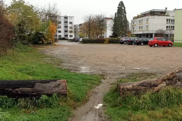 Als Baugelände vorgesehen: bisheriger Parkplatz, hier vom Woogbach aus gesehen, rechts Salierschule und Kita.