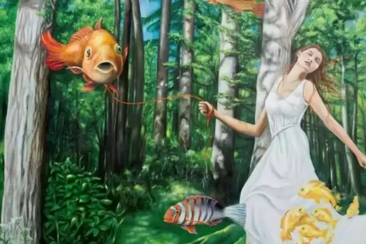 Surrealistisches Gemälde von Monika Corona: die Frau, die mit den Fischen spazieren geht. 