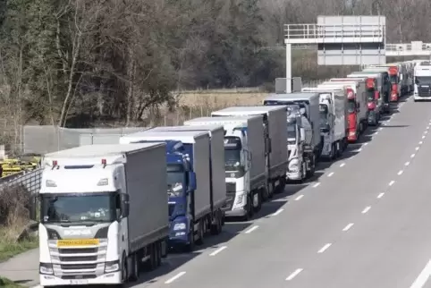 In einer langen Schlange stauen sich Lkw vor der Grenze zur Schweiz an der A5 bei Weil am Rhein.