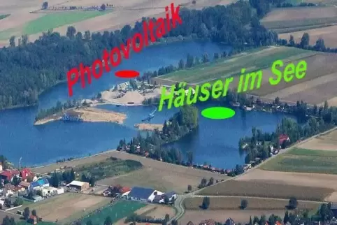 Aus der Luft: Die Fotomontage zeigt in etwa, wo die Häuser und die Photovoltaik-Module entstehen sollen. 