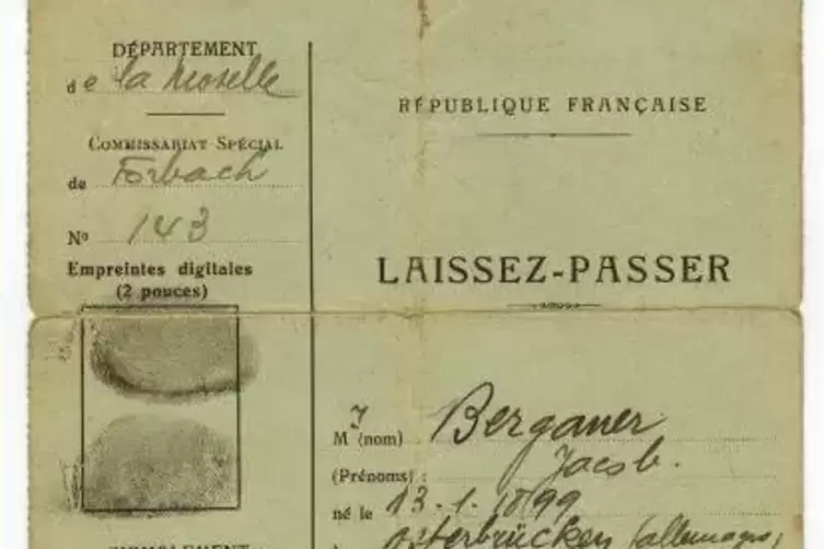 Einreiseerlaubnis für Jacob Bergauer aus dem Ostertal, ausgestellt am 18. Januar 1935 vom Commissariat Special in Forbach.