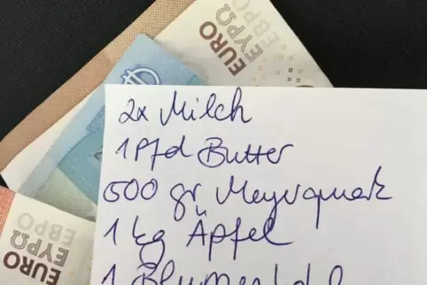 Die Helfer holen den Einkaufszettel und das Geld ab und erledigen den Einkauf für ältere Menschen oder jene, die in Quarantäne s