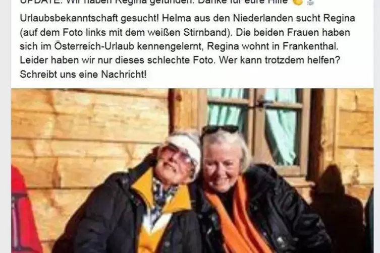 Regina Heckers aus Frankenthal und ihre niederländische Bekannte: So sah die Nachricht auf der Facebookseite der Stadt aus.