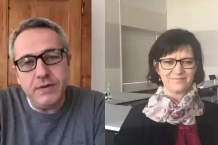 Der stellvertretende RHEINPFALZ-Chefredakteur Digitales Uwe Renners (links) im Video-Gespräch mit Andrea Bergsträßer, Pflegedire