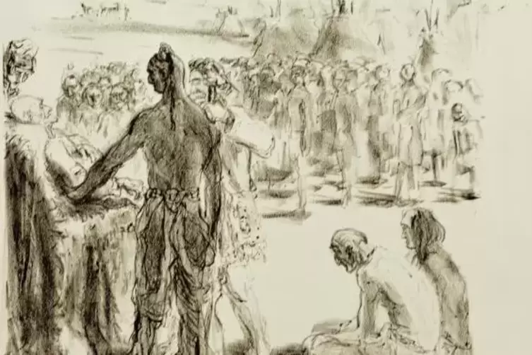 Kunst als pfalznahe Wahrheit: Max Slevogts Bilder zu Coopers Romanen, hier das Blatt &bdquo;Der sterbende Lederstrumpf&ldquo;(1910).