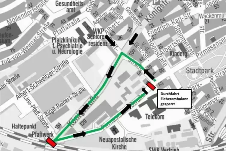 Die Anfahrt zur Fieberambulanz sollte über die Königstraße in die Pirmasenser Straße erfolgen.