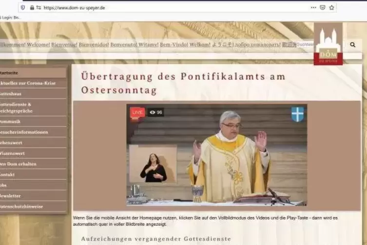 Momentaufnahme im Netz: Auf der Internetseite des Doms zu Speyer wird der Ostergottesdienst mit Bischof Wiesemann übertragen.