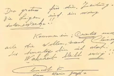 Diese handschriftliche Notiz hat Michel Collin, alias Papst Clemens XV., 1964 der RHEINPFALZ geschickt, als er mit deren Bericht