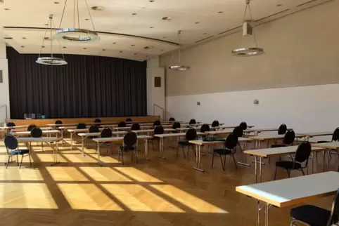 So soll der Ausschuss am Mittwoch im Heßheimer Bürgerhaus tagen: Zwischen den Sitzplätzen wird ein Abstand von zwei Metern gewäh