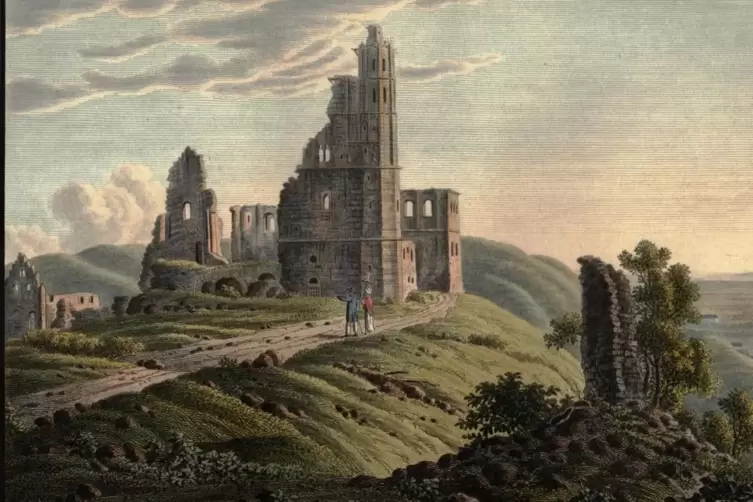 Nach dem Kaffee geht es f&uuml;r K&ouml;nig Ludwig und sein Gefolge zur Klosterruine Limburg. Unser Bild zeigt einen kolorierten Stahlstic
