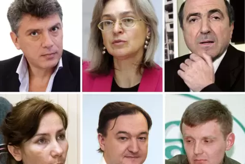 Gegner von Wladimir Putin leben gefährlich (von links oben): Boris Nemzow, Anna Politkowskaja, Boris Beresoswki, Natalja Estemir