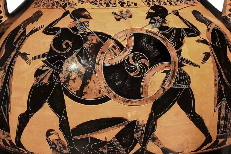 Detail aus dem Zweikampf von Achill und Memnon auf einer Amphora um 530 vor Christus. 