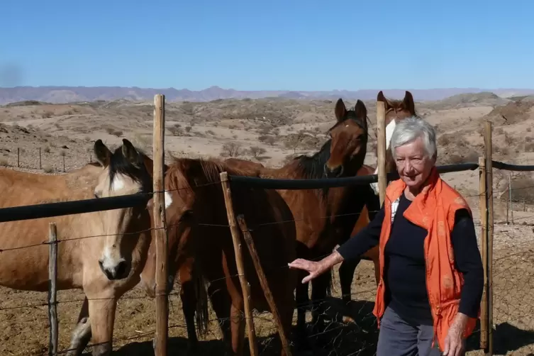 Lore mit den Pferden Hexe, Mona, Leo und Prinz – im Hintergrund die Weite Namibias. Ganz ohne Gras. Hier hat es in den vergangen