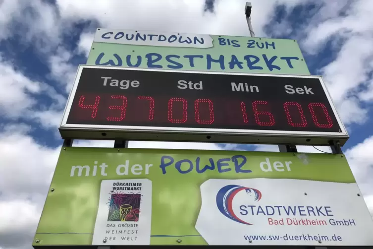 Zurückgesetzt: Die Uhr am Wurstmarkt-Kreisel zählt jetzt die Zeit bis zum Wurstmarkt 2021. 