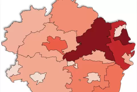 Die meisten Neuinfektionen pro 100.000 Einwohner der letzten sieben Tage stammen aus dem Landkreis Germersheim.