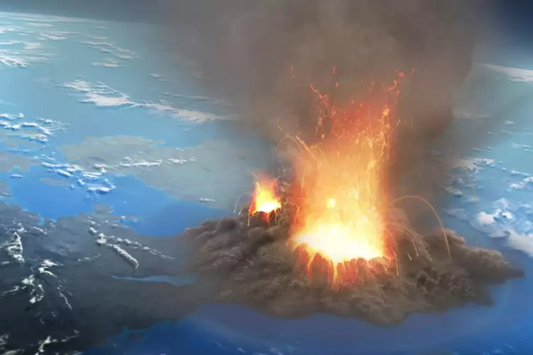 Ein Supervulkan, das sind meist mehrere Vulkane, die zusammenhängen. Ihre Magmakammer befindet sich in einer über Jahrtausende e