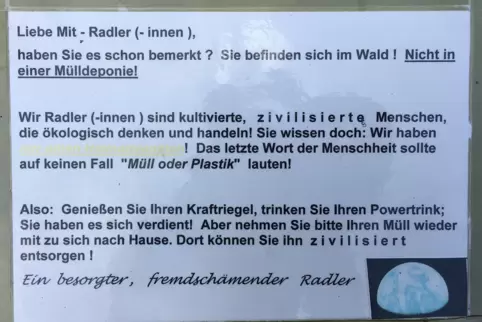 Nachricht eines besorgten Radfahrers unterhalb des Kalmitgipfels.
