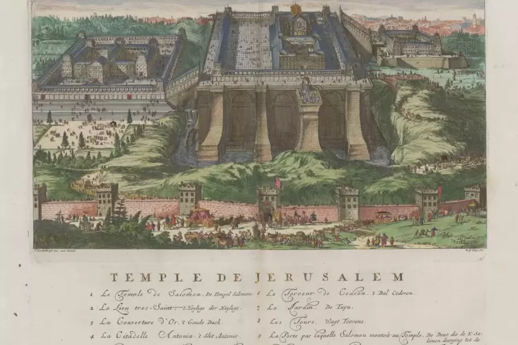 Jaques Basage de Beauval: Ansicht von Jerusalem aus „Le Grand Tableau de l'Univers“, Amsterdam 1714. 