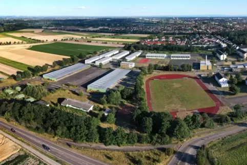Mögliches Gelände: Aus dieser Perspektive links vom Sportplatz und dahinter in Richtung Stadtbebauung könnten Gartenschau-Fläche