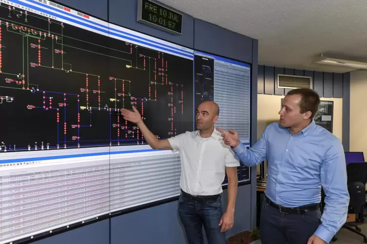 In der Netzleitwarte: Christoph Bauer, Bereichsleiter Technik (links) und Matthias Schatten, Projektleiter Elektromobilit&auml;t.