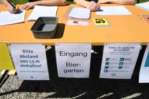 Mitarbeiter eines Biergartens notieren sich die Kontaktdaten aller Gäste.
