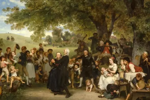 Berühmt und zu seiner Zeit bereits oft kopiert: Ludwigs Knaus’ „Die Goldene Hochzeit“, 1859. Für die Schau kam das Gemälde als L