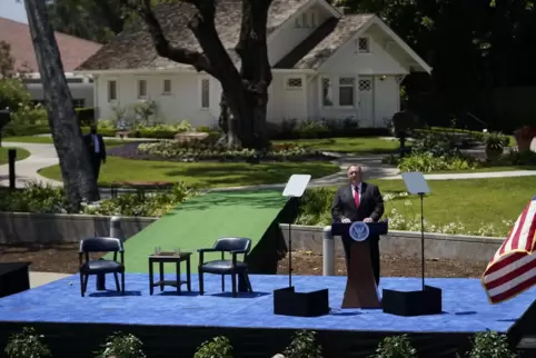 Mike Pompeo, Außenminister der USA, spricht vor der Richard-Nixon-Präsidentenbibliothek in Yorba Linda.