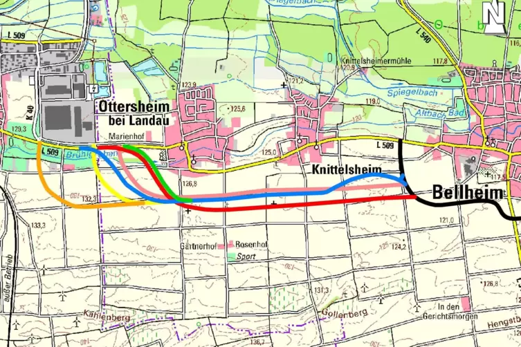 Nach dem Willen der SGD Süd soll die Ortsumgehung von Knittelsheim und Ottersheim anhand der roten und grünen Variante verlaufen