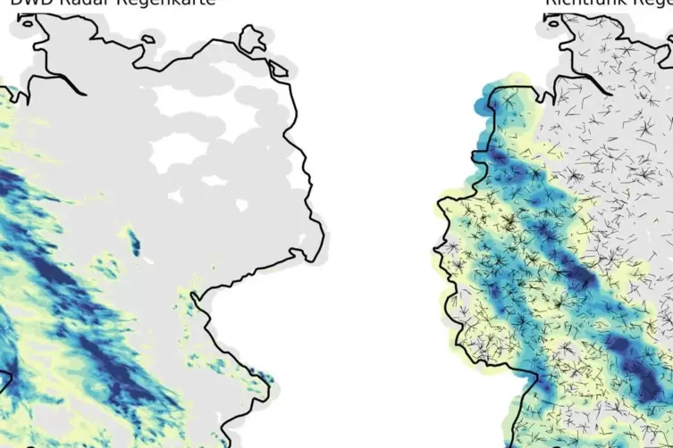 Das Auswerten der Richtfunksignale zwischen Mobilfunkmasten ergibt rechts eine ähnlich genaue Regenkarte wie das DWD-Wetterradar