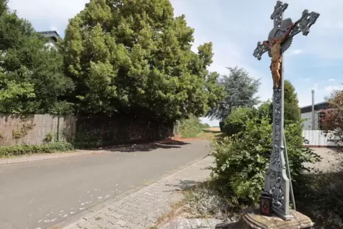 Hier soll die Zufahrt zum Neubaugebiet „Am Bild" in Wattenheim entstehen. Das historische Wegekreuz muss während der Bauarbeiten