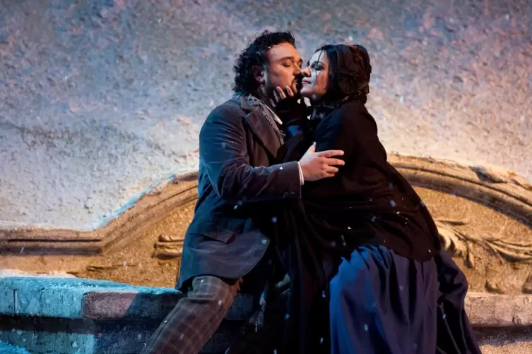 Ramón Vargas als Rodolfo und Angela Gheorghiu als Mimì in Puccinis Oper „La Bohème“ – fotografiert während der Proben im März 20