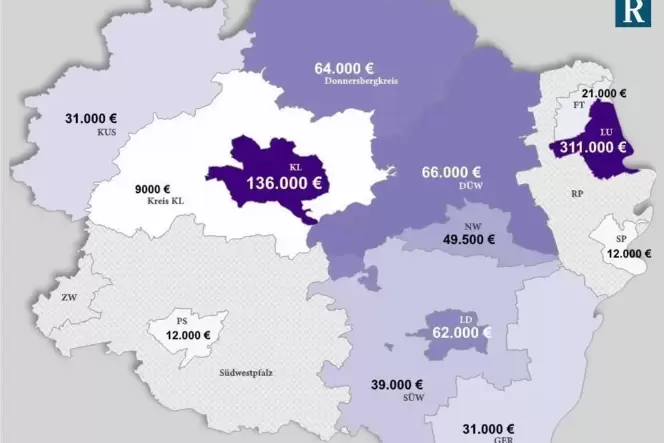 Zweibrücken: 7000 Euro, Kreis Südwestpfalz: 7700 Euro (nachgereicht). Betrag aller Bußgeldbescheide in Kreis/Stadt von April bi